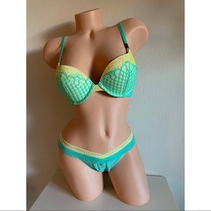 Victoria’s Secret VS Neon Yellow Teal Lace Bra and Panty Set 32C M